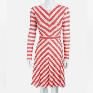 BCBG Coral and Cream Chevron Patterned, Long-sleeved, Knee Length Dress, Size L